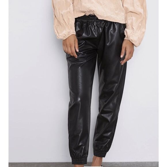 Zara brown FAUX LEATHER JOGGING TROUSERS size small - Picture 1 of 8